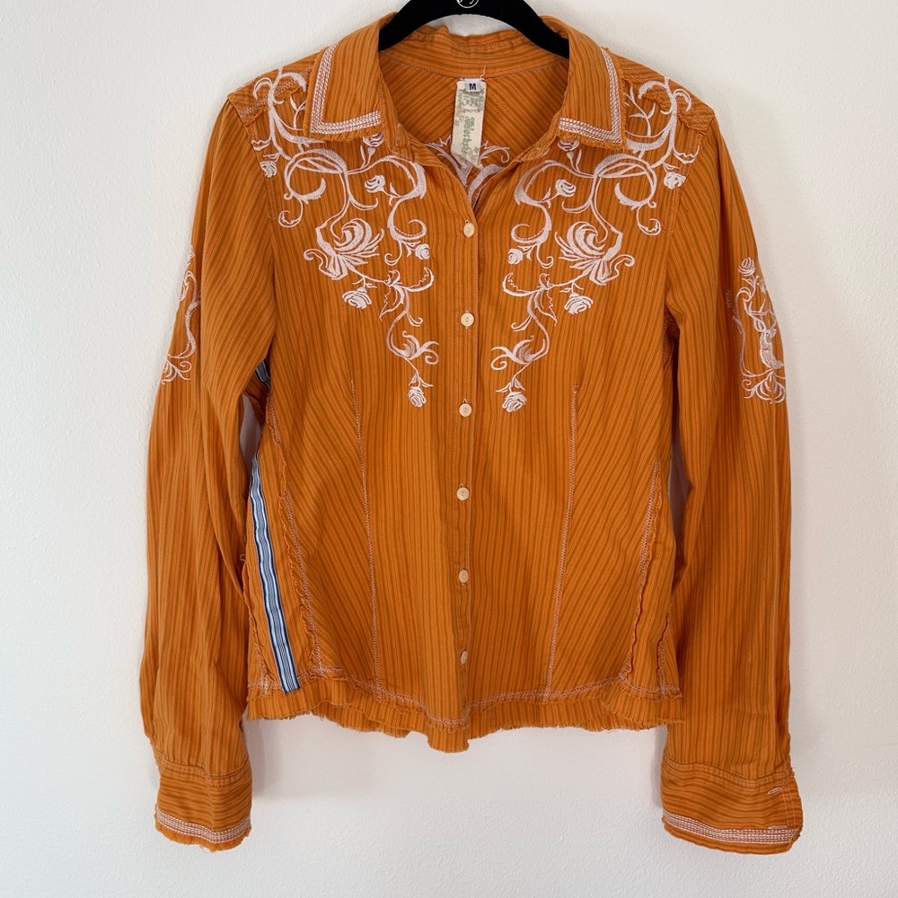 Johnny Was 3-J Workshop Orange Embroidered Button-Up Shirt